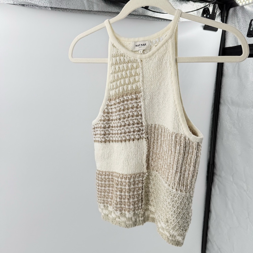 Naf Naf Paris Mixed Stitch Patchwork Knit Tank Top Cream Tan Gold Metallic Small
